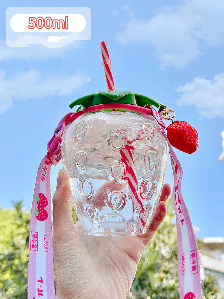 Kawaiicuteness™-  Cute Strawberry Straw Water Bottle 500ml