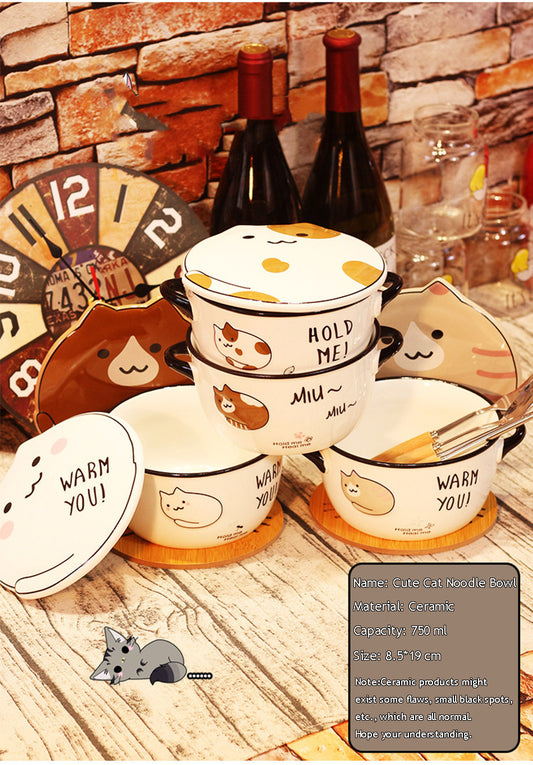 Kawaiicuteness™- Cute Japanese Cat Ceramic Bowl with Lid and Spoon