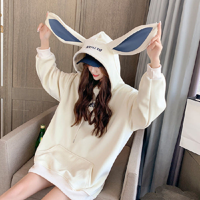 Kawaiicuteness™- Cute Preppy Style Rabbit Ears Plus Velvet Hoodie