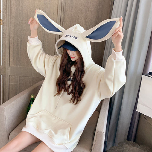 Kawaiicuteness™- Cute Preppy Style Rabbit Ears Plus Velvet Hoodie