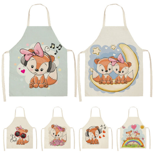 Kawaiicuteness™-Cute Rainbow Fox Printed Cotton Linen Kitchen Apron